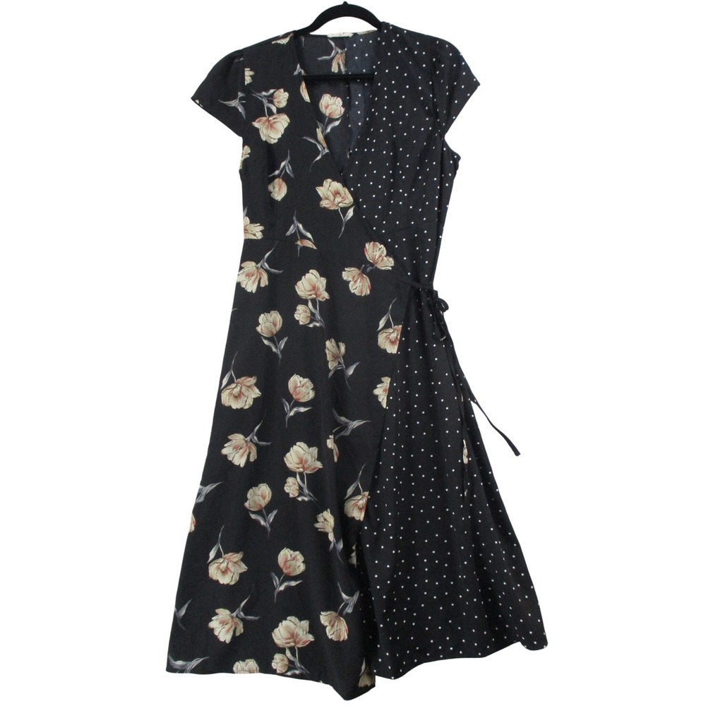 Mystree Black Floral Polka Dot Mixed Print Wrap Dress V-Neck Cap Sleeve Large